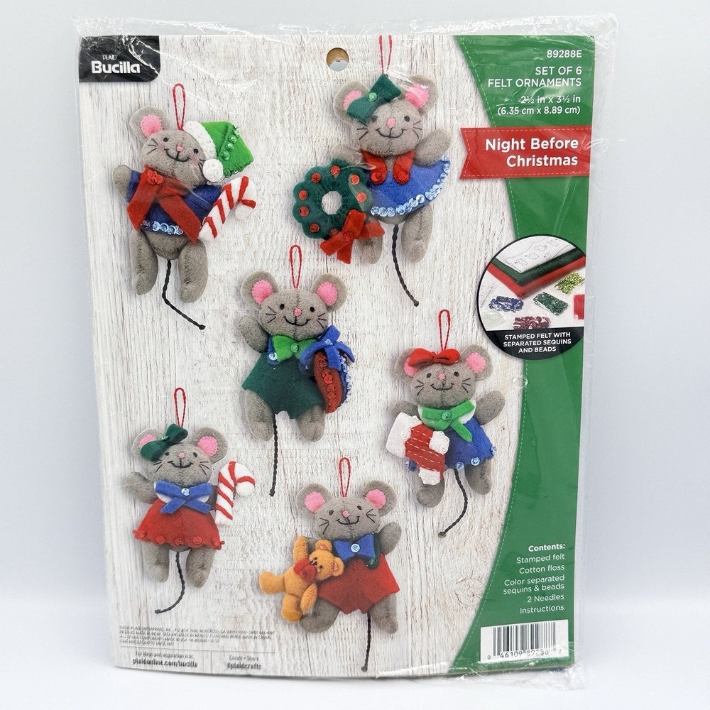 Bucilla Felt Ornament Kit Night Before Christmas Mice Set 6 DIY Craft VTG Style